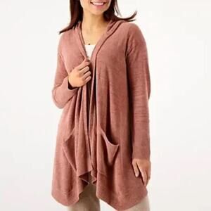 Barefoot Dreams CozyChic Ultra Lite Hooded Cardi Open Front Sweater Clay XS